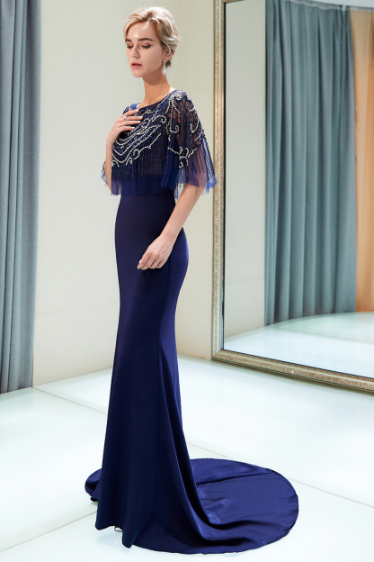 BMbridal Gorgeous Mermaid Jewel Long Prom Dresses Navy Beading Formal Dresses with Crystals