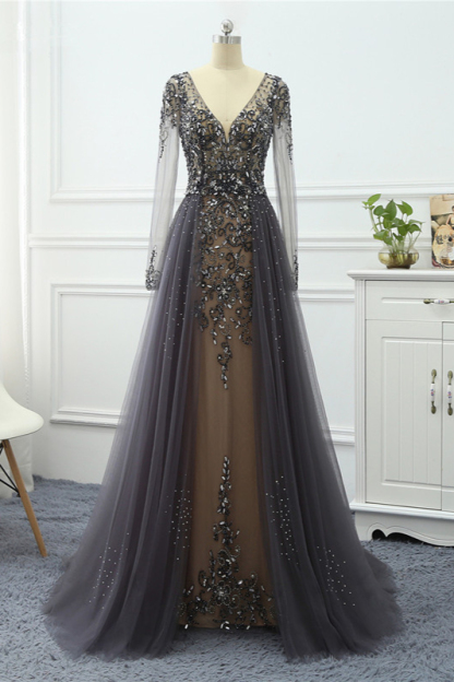 BMbridal Elegant V-Neck Long Sleeves Appliques Beadings Prom Dresses with Overskirt