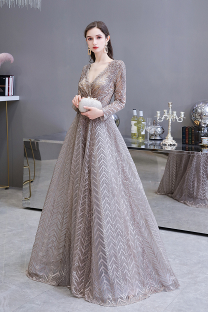 BMbridal Sexy V-Neck Long Sleeve Prom Dress Appliques A-Line Evening Gowns