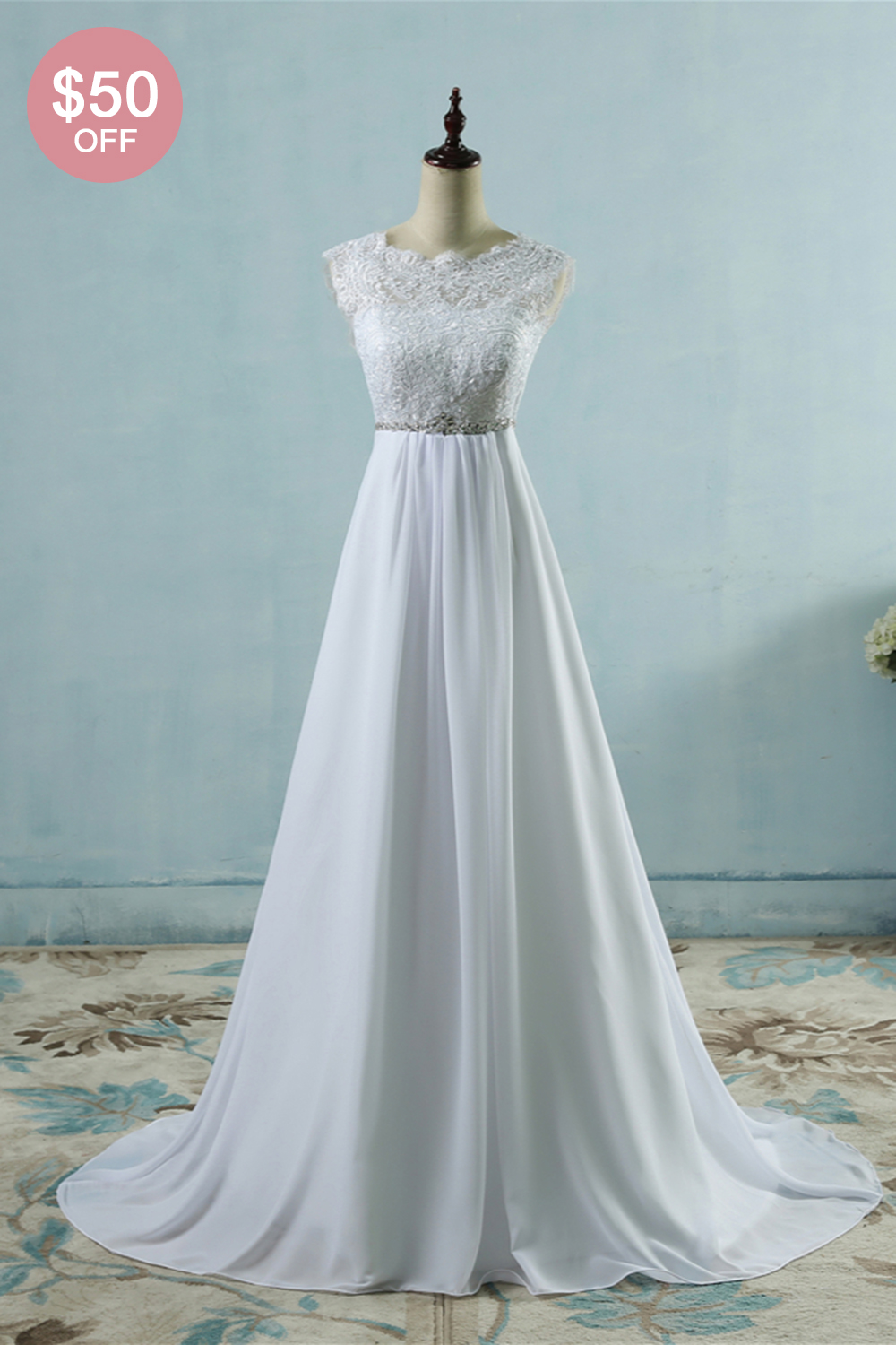 BMbridal Affordable Chiffon Jewel Lace Ruffles Wedding Dress Sleeveless Appliques Bridal Gowns with Beading Sash-BMbridal