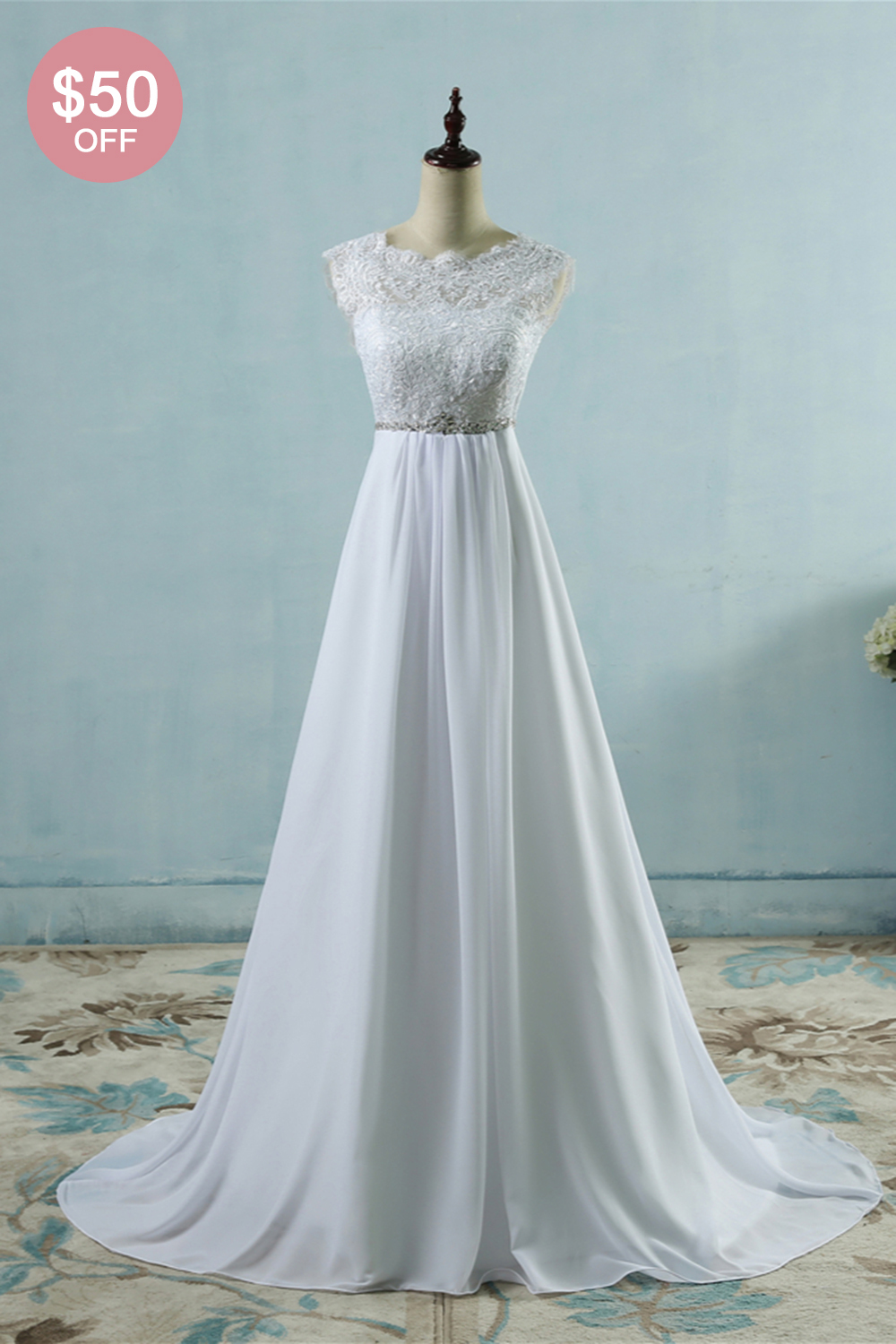 BMbridal Affordable Chiffon Jewel Lace Ruffles Wedding Dress Sleeveless Appliques Bridal Gowns with Beading Sash-BMbridal