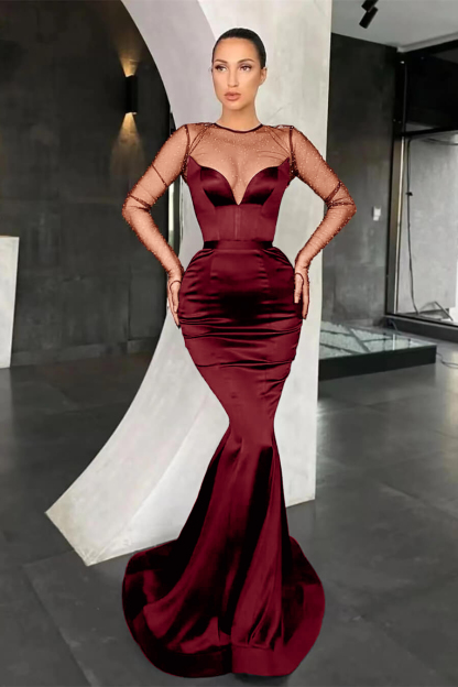 Black Mermaid Long Sleeves Pleated Long Prom Dress With Beads Online V Neck