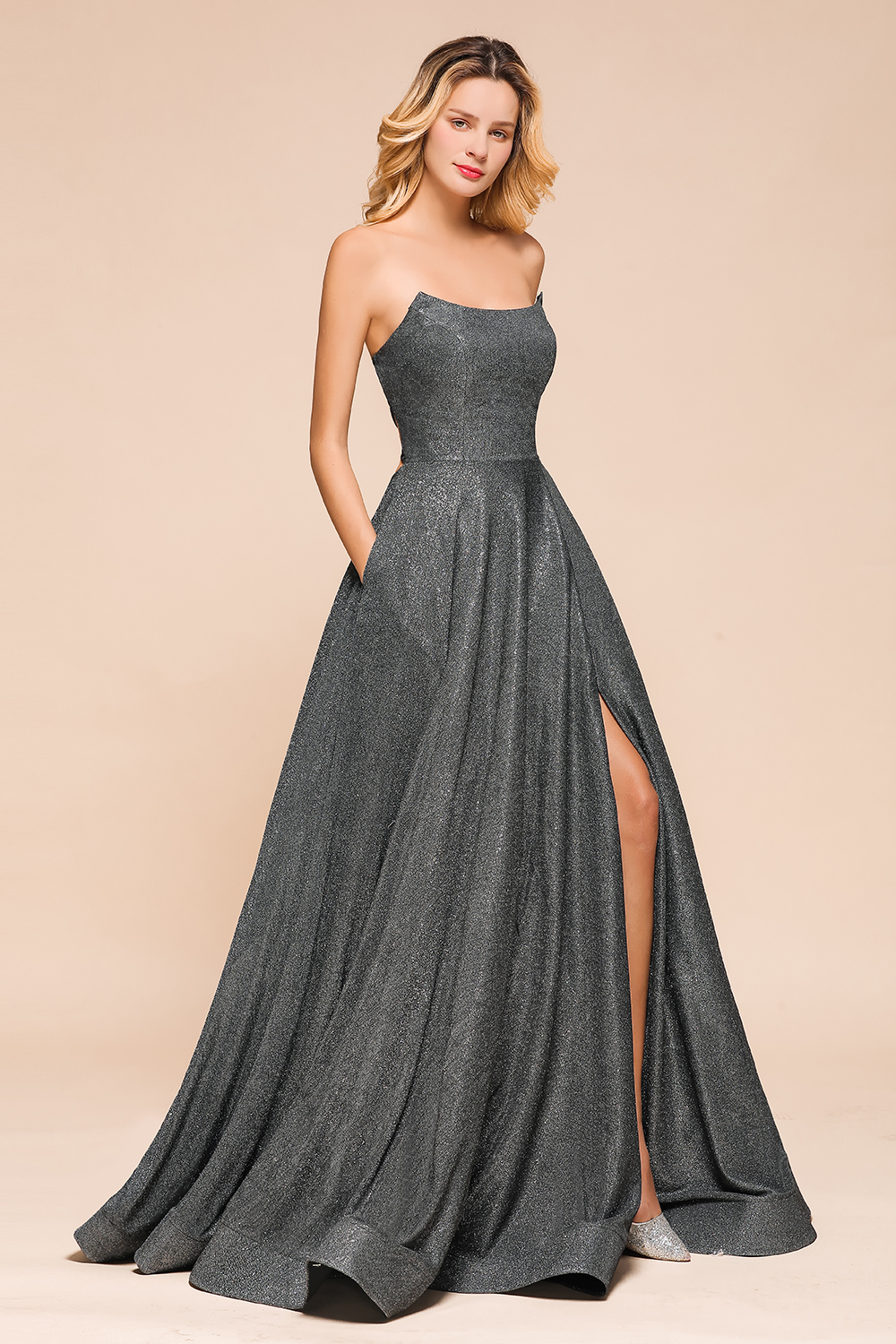 BMbridal Shinning Strapless Long Prom Dress Lace-up Evening Gowns With Split