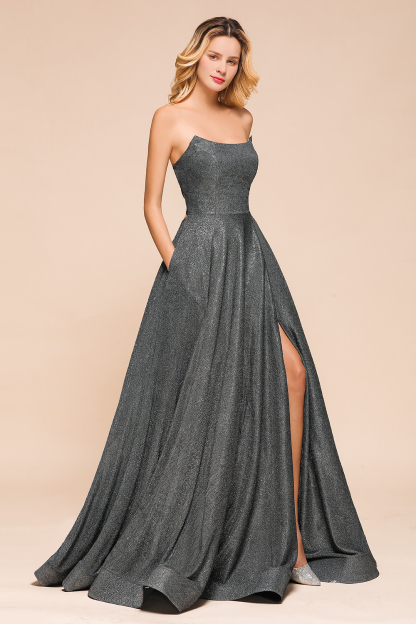 BMbridal Shinning Strapless Long Prom Dress Lace-up Evening Gowns With Split