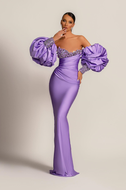 Charming Purple Strapless Mermaid Long Prom Dress With Appliques Puff Sleeves