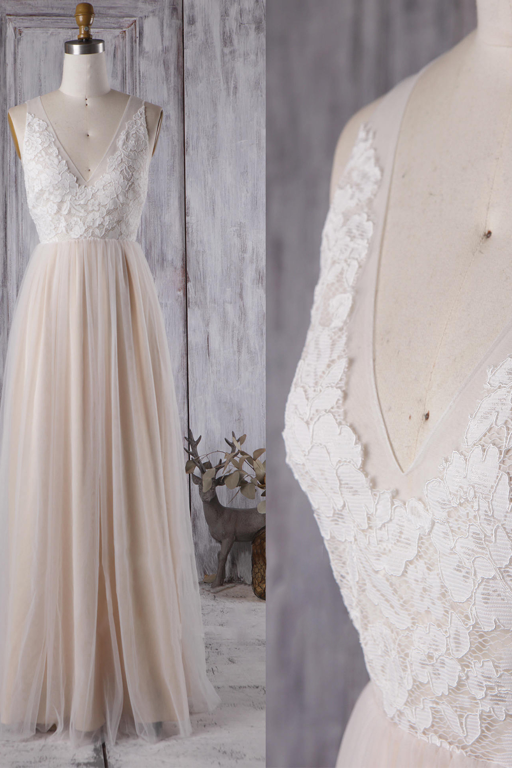 BMbridal Elegant A-line Tulle Lace Wedding Dress V-neck Appliques Ruffles Bridal Gowns On Sale-BMbridal