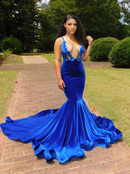 Bmbridal Royal Blue Prom Dress V-Neck Mermaid Velvet With Appliques