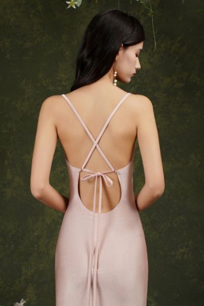 BMbridal Spaghetti-Straps Dusty Pink Bridesmaid Dress Long With Split