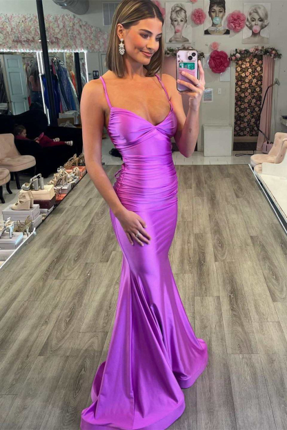 Amazing Spaghetti-Straps Purple Mermaid Prom Dress Sleeveless Online