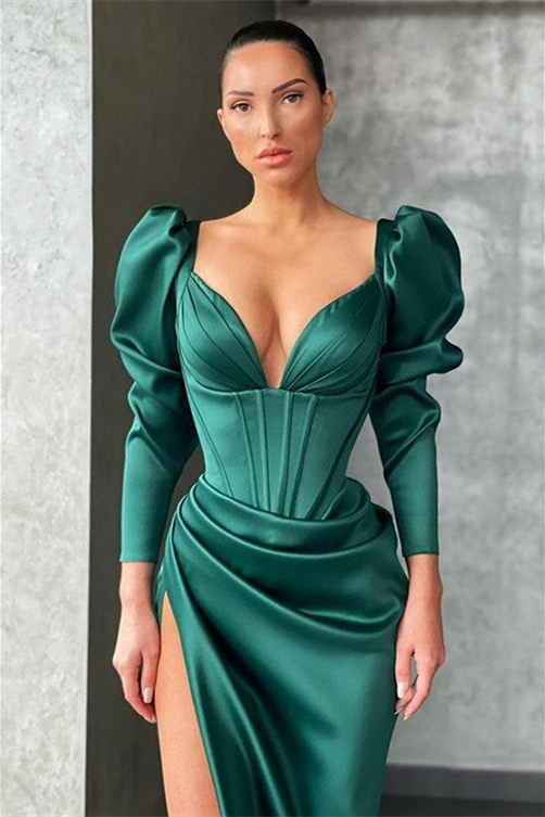 Mermaid Dark Green Long Sleeves Pleated Long Prom Dress With High Split