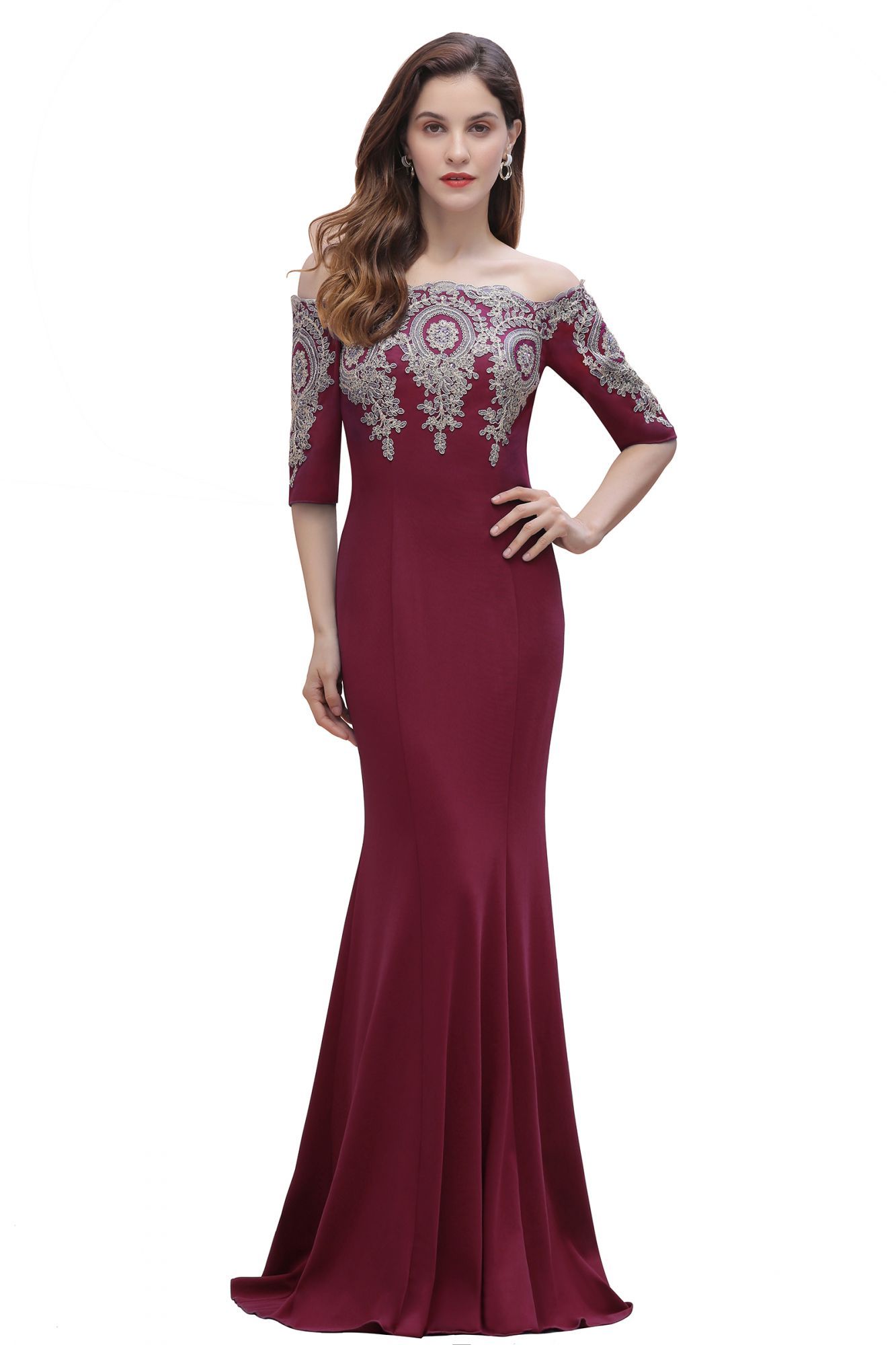 BMbridal Mermaid Off-Shoulder Chiffon Lace Half Sleeve Evening Dress