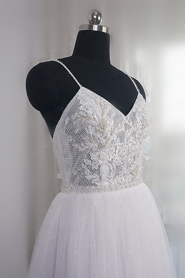 BMbridal Elegant Spaghetti Straps Tulle Lace Wedding Dress V-Neck Appliques See Through Top Bridal Gowns-BMbridal