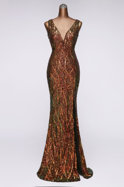 BMbridal Luxury V-Neck Backless Sequins Mermaid Prom Dresses with Front Slit