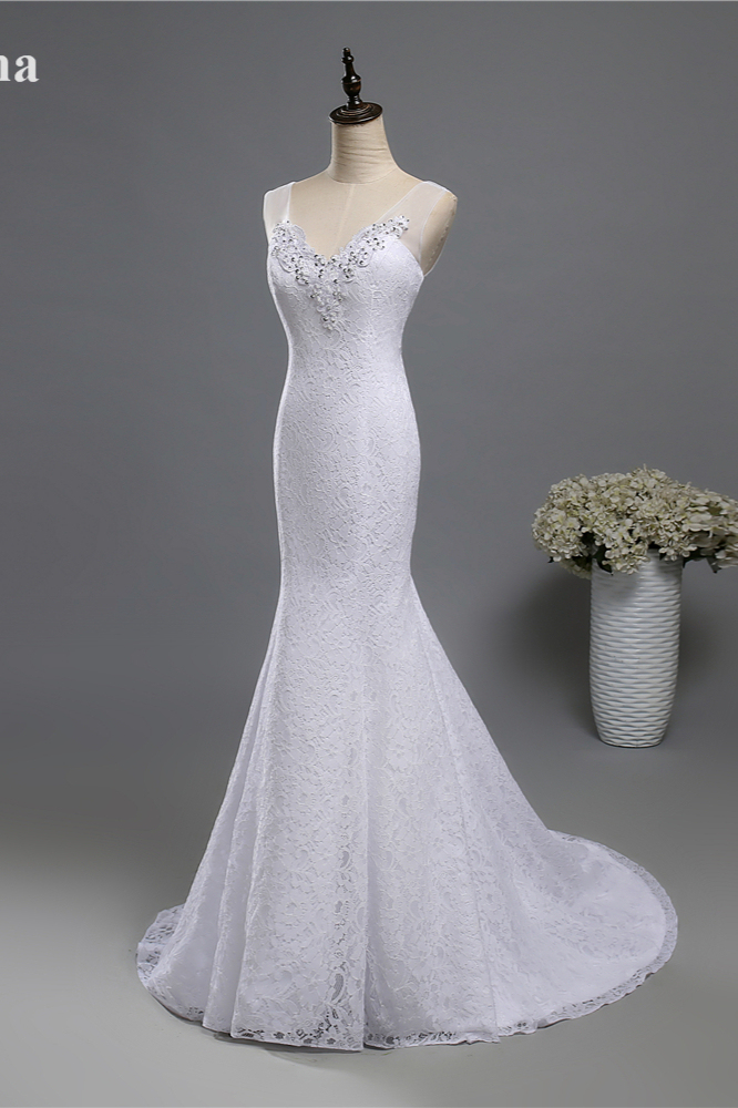 BMbridal Stylish V-Neck White Lace Mermaid Wedding Dress Appliques Sleeveless Sequins Bridal Gowns