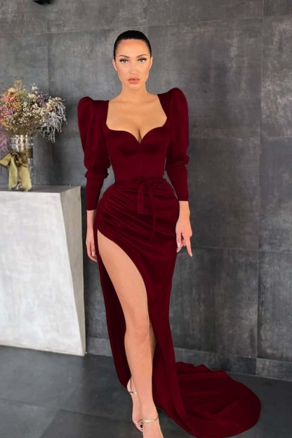 Glamorous Dusty Sage Long Sleeves Pleated Long Prom Dress Split With Belt