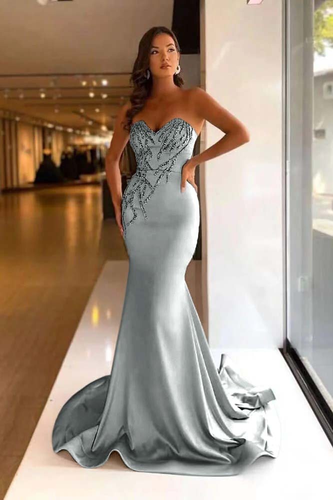 Pretty Strapless Sweetheart Sleeveless Long Mermaid Prom Dress With Beadings