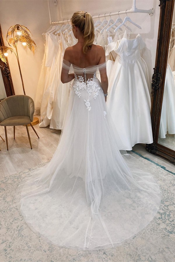 Bmbridal Sweetheart Tulle Wedding Dress Long With Lace Appliques-BMbridal