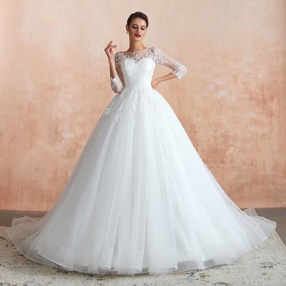 BMbridal Affordable Lace Jewel White Tulle Wedding Dresses with 3/4 Sleeves