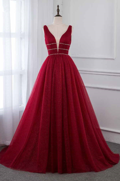 BMbridal Sexy Deep-V-Neck Sleeveless Burgundy Prom Dresses with Beadings