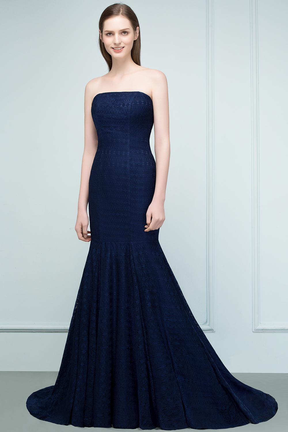BMbridal Elegant Navy Strapless Lace Mermaid Evening Prom Dress Long Online