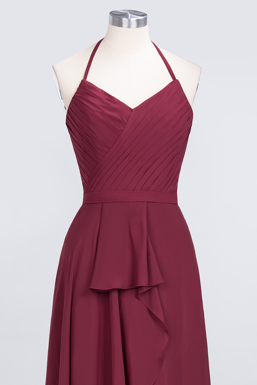 BMbridal Affordable Chiffon Halter V-Neck Ruffle Burgundy Bridesmaid Dresses-BMbridal