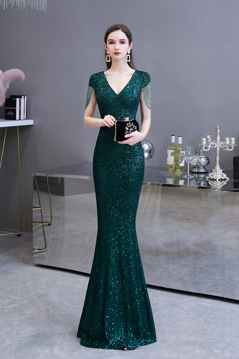 BMbridal Elegant Cap Sleeve Green Prom Dress Sequins Long Evening Gowns Online