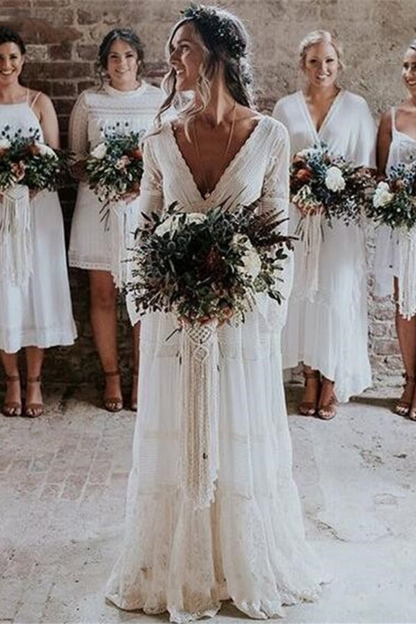 BMbridal Chic Empire Lace Tulle Wedding Dress Long Sleeves V-Neck Appliques Bridal Gowns On Sale-BMbridal