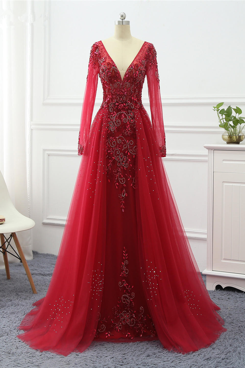 BMbridal Elegant V-Neck Long Sleeves Appliques Beadings Prom Dresses with Overskirt