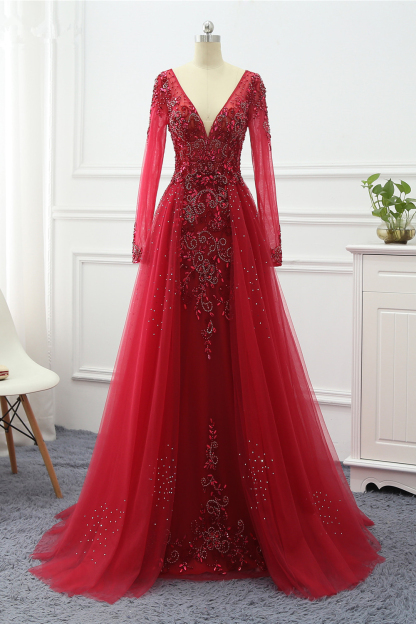 BMbridal Elegant V-Neck Long Sleeves Appliques Beadings Prom Dresses with Overskirt
