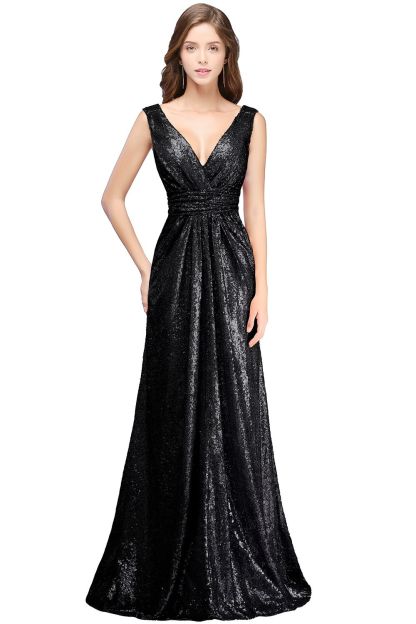 BMbridal Elegant A-line Open Back Sequins Sleeveless V-neck Evening Dress