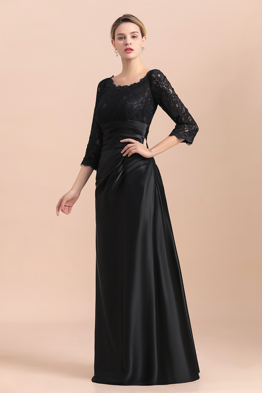 BMbridal Elegant Jewel 3/4 Sleeves Black Satin Lace Ruffles Mother of Bride Dress On Sale-BMbridal