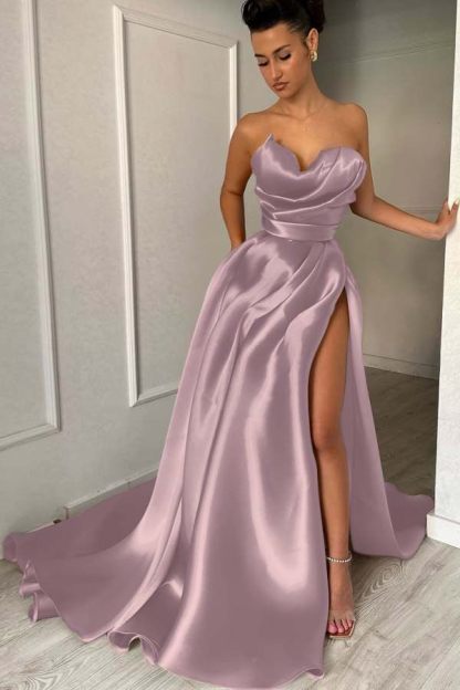 Strapless Sleeveless Long Prom Dress With High Split Pleated