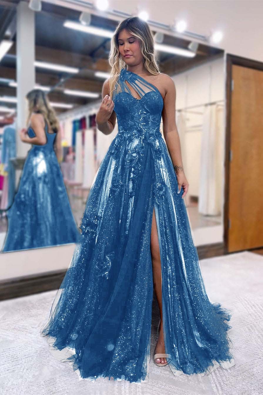 Black One Shoulder A Line Prom Dress Side Split Tulle With Appliques