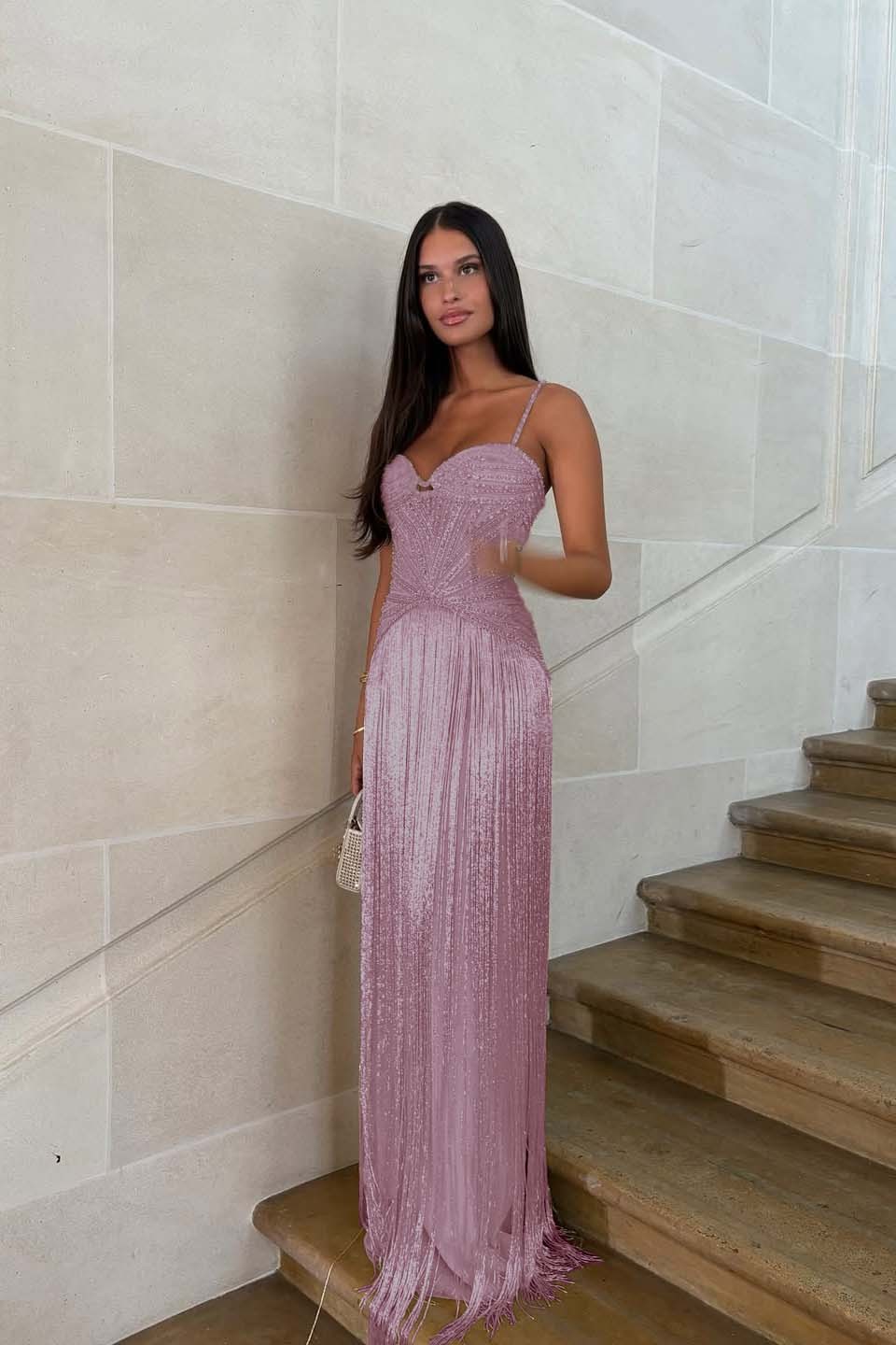 Spaghetti straps Sleeveless Long Prom Dress With Beading Tassel