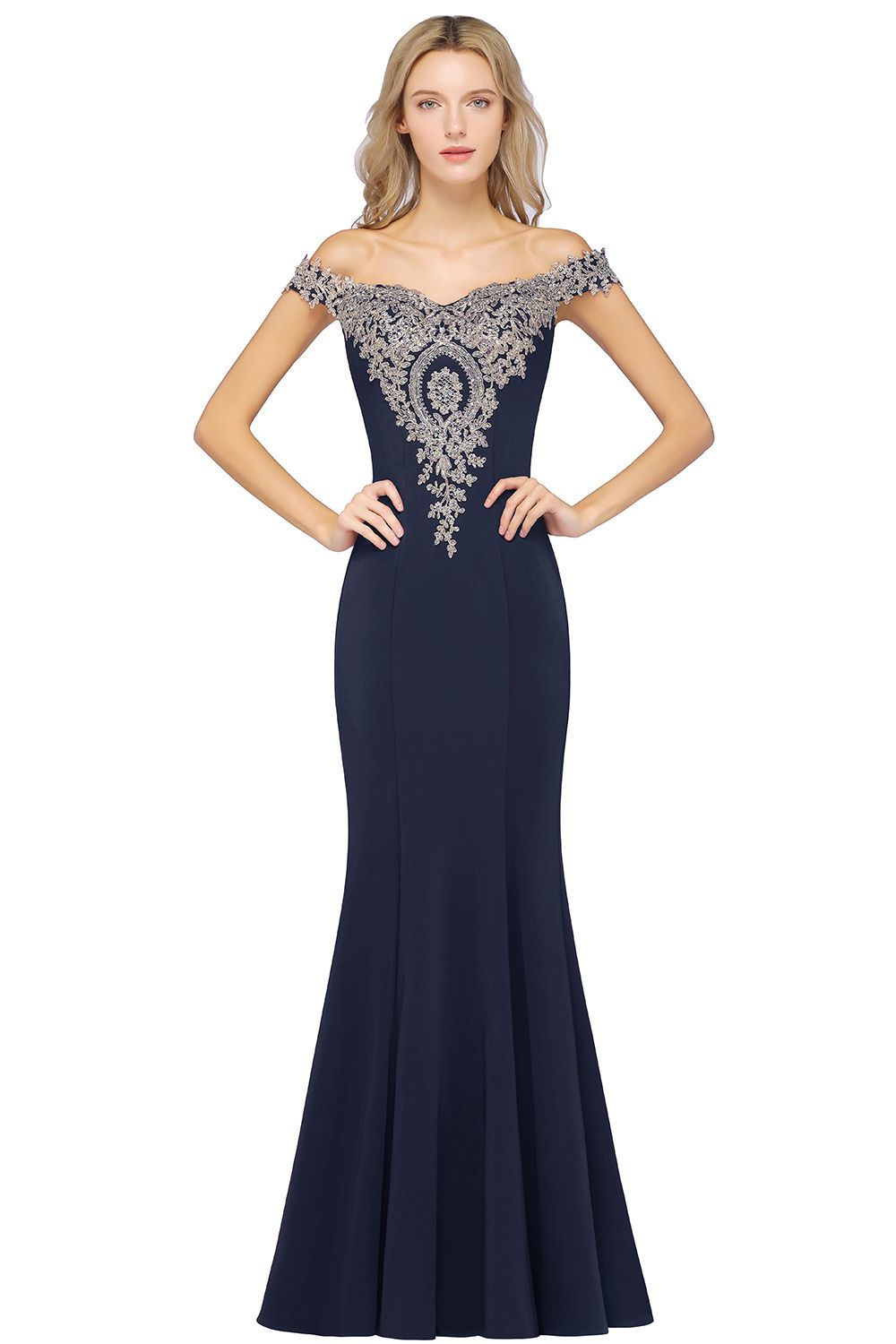 BMbridal Elegant Off-the-Shoulder Mermaid Prom Dress Long With Lace Appliques