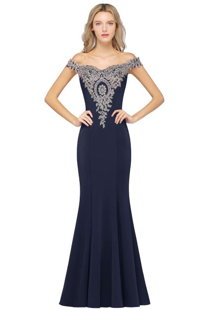 BMbridal Elegant Off-the-Shoulder Mermaid Prom Dress Long With Lace Appliques