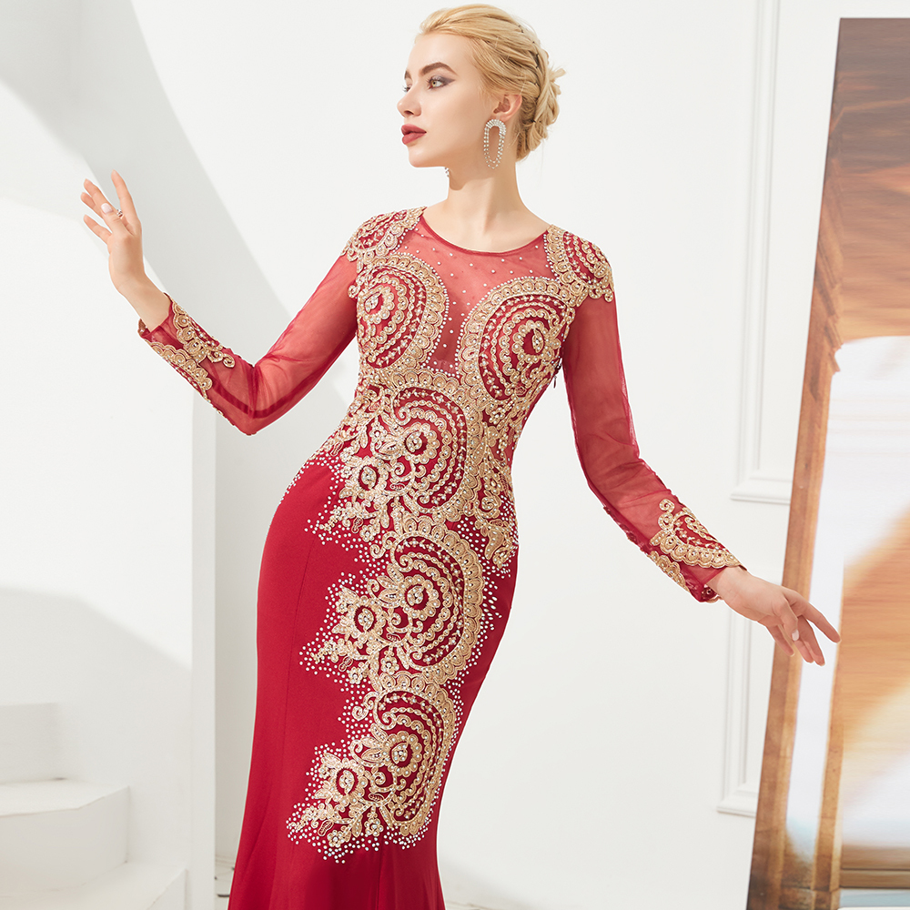 BMbridal Burgundy Long Sleeve Mermaid Prom Dress With Gold Appliques Online
