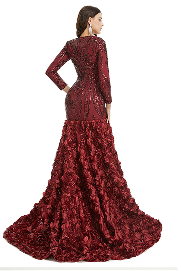 Bmbridal Long Sleeves V-Neck Prom Dress Mermaid Sequins With Flowers Bottom