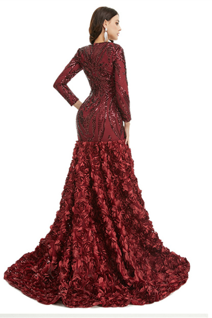Bmbridal Long Sleeves V-Neck Prom Dress Mermaid Sequins With Flowers Bottom