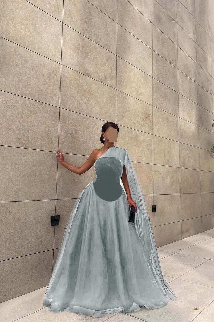 Chic Black Tulle One Shoulder Sleeveless Ball Gown Long Prom Dress