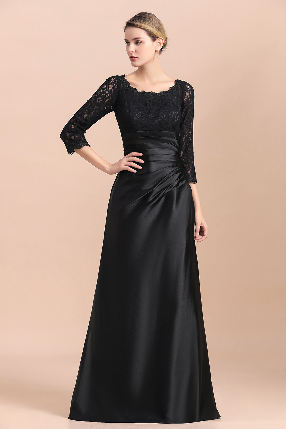 BMbridal Elegant Jewel 3/4 Sleeves Black Satin Lace Ruffles Mother of Bride Dress On Sale-BMbridal