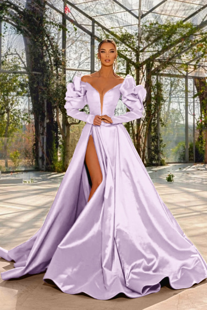 Sexy Prom Dress Red V Neck Bubble Long Sleeves With High Split