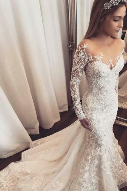 Attractive Mermaid Long Sleeve Sweetheart Floor-Length Wedding Dress Tulle Ruffles with Appliques Lace