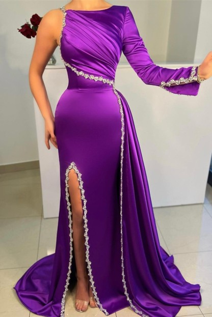 Bmbridal Purple Long Sleeve One Shoulder Prom Dress Mermaid With Slit