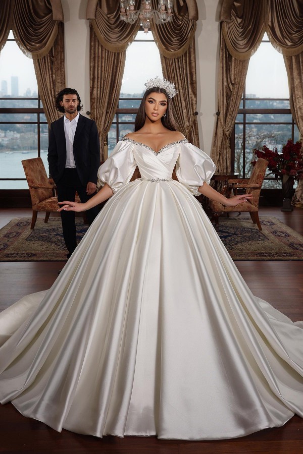 Bmbridal Ruffle Sleeves Ball Gown Wedding Dress Satin Elegant-BMbridal