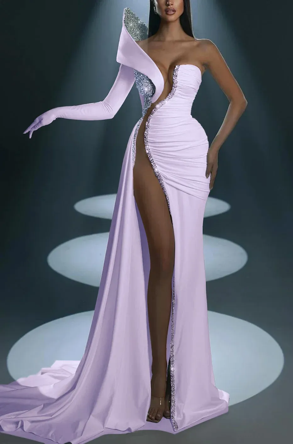 White Prom Dress With Gloves Long Mermaid One Shoulder With High Slit
