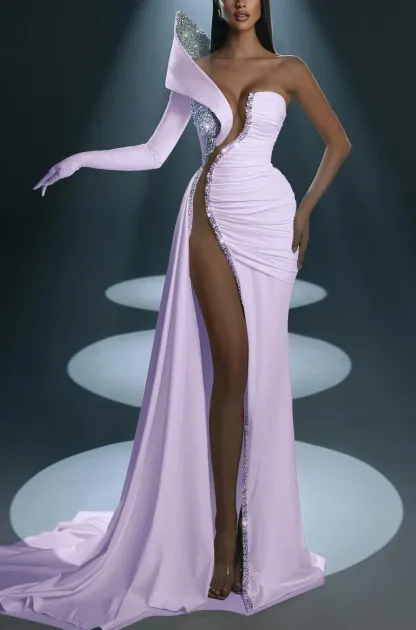 White Prom Dress With Gloves Long Mermaid One Shoulder With High Slit