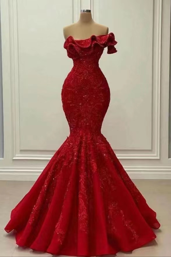 Red Gorgeous Strapless Mermaid Sequins Prom Dress With Embroidery On Sale