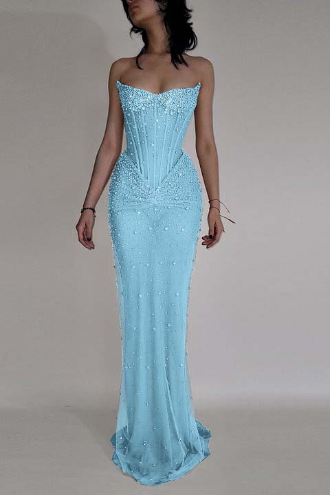 Strapless Sleeveless Mermaid Long Prom Dress With Beading Tulle