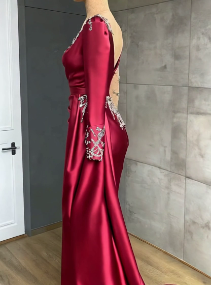 BMbridal Burgundy Long Sleeves Mermaid Prom Dress With Beadings-BMbridal